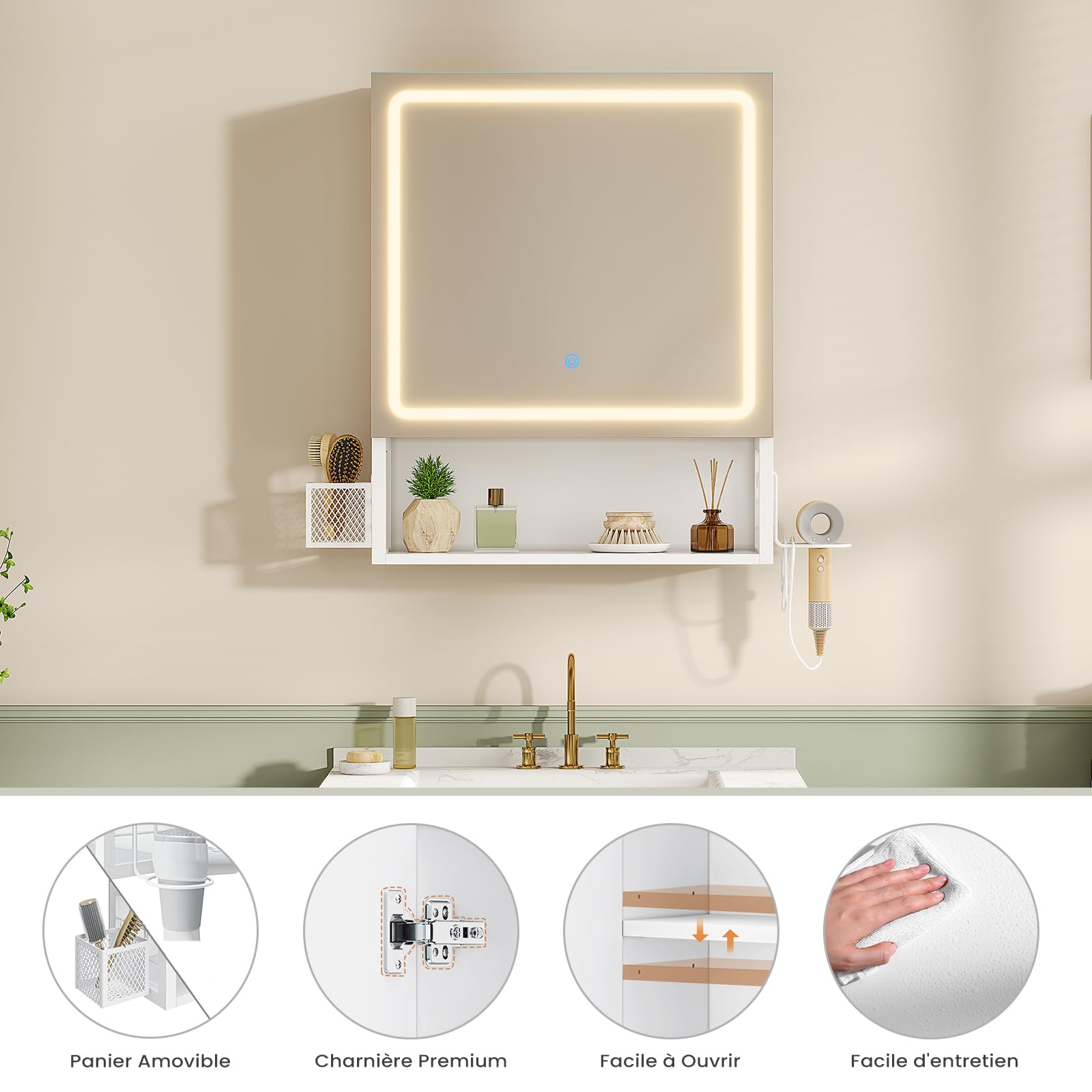 Spiegelschrank Bad mit LED-Beleuchtung,Badezimmer Spiegelschrank mit verstellbarer Ablage,HD-Spiegel, Hängekorb,Haartrockner-Halter,3 Lichtfarbe Einstellbar, Badezimmerschrank 50×16×60cm,Weiß