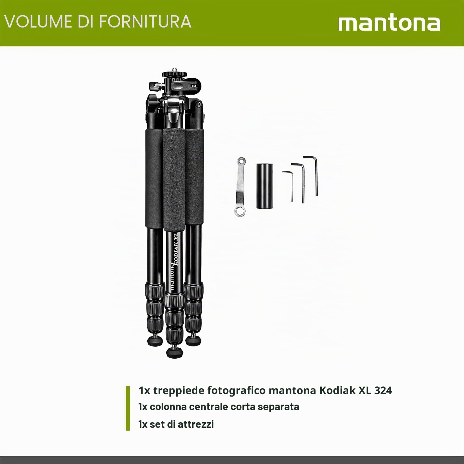 Mantona Kodiak XL - Treppiede per foto in alluminio, portata fino a 18 kg, regolabile in altezza fino a 180 cm, tripod con colonna centrale di 180°, treppiede stabile con accessori versatili