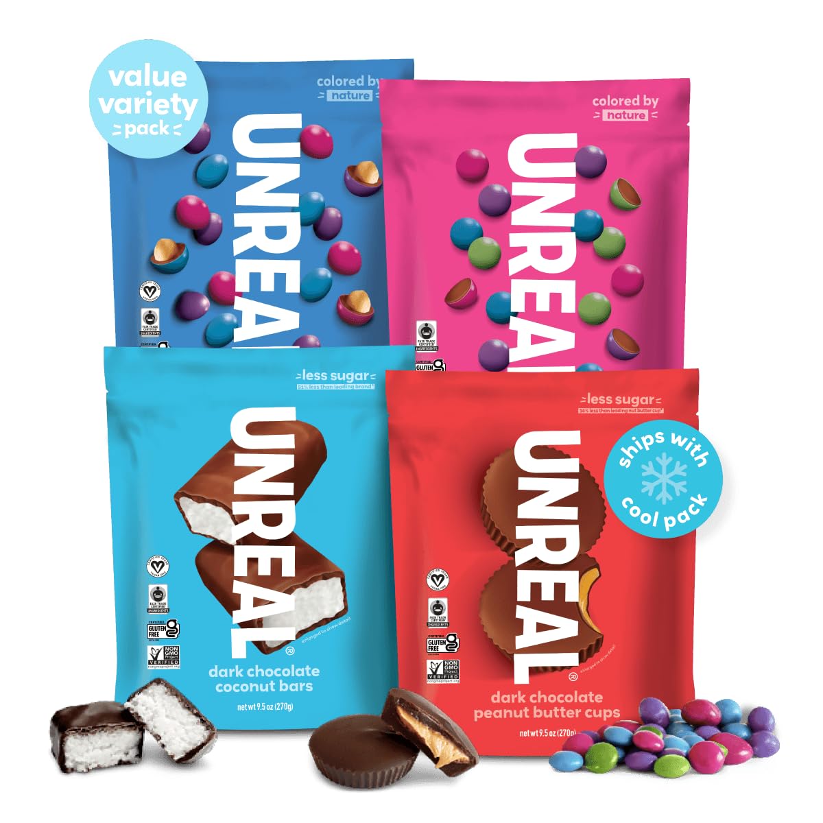 UNREAL Value Variety Pack | 4 Flavor Sampler, Value Sized Bags | Less Sugar, Fair Trade, Non-GMO | No Corn Syrup, Sugar Alcohols, Soy