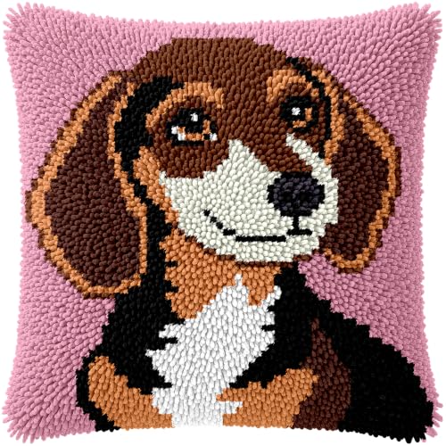 Image of veirousa Dachshund Puppy Latch Hook Kits for Adults Kids, Beginners DIY Throw Pillow Kit Pre-Printed Mesh Canvas Hook and Latch Rug Kits Cross-Stitch Cushion Cover for Home Sofa Decoration 17x17 in.