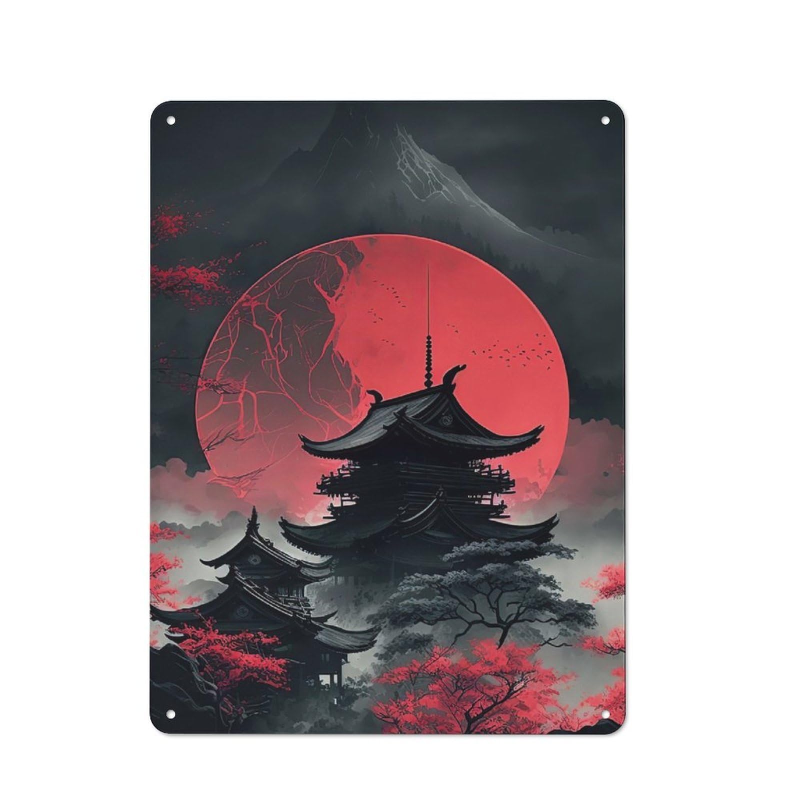 Junmoney Red Moon Japan Retro Tin Wall Plaque 40X30cm For Garage Or Workshop, A Metal Wall Feature For Garages And Tool Rooms