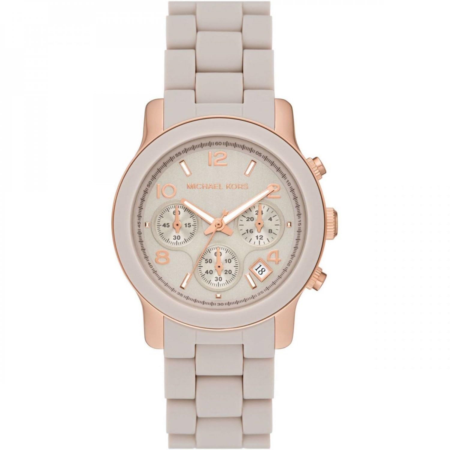 Michael Kors Runway Chronograph Rose Gold-Tone Stainless Steel and Wheat Silicone Watch. SKU MK7386