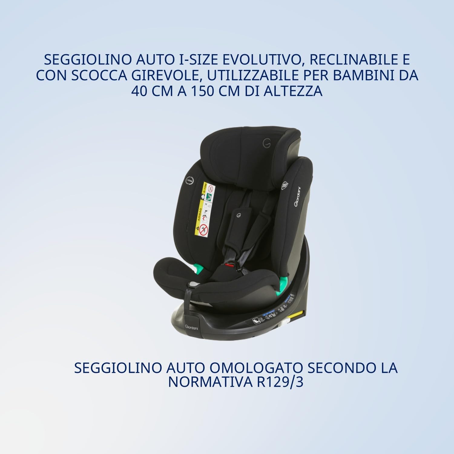 Giordani Polaris Seggiolino Auto 40-150 cm i-Size, Base Girevole 360° con Rotazione a una Mano, Isofix e Top Tether sulla Base, Evolutivo 0-12 Anni, Protezione R129/03
