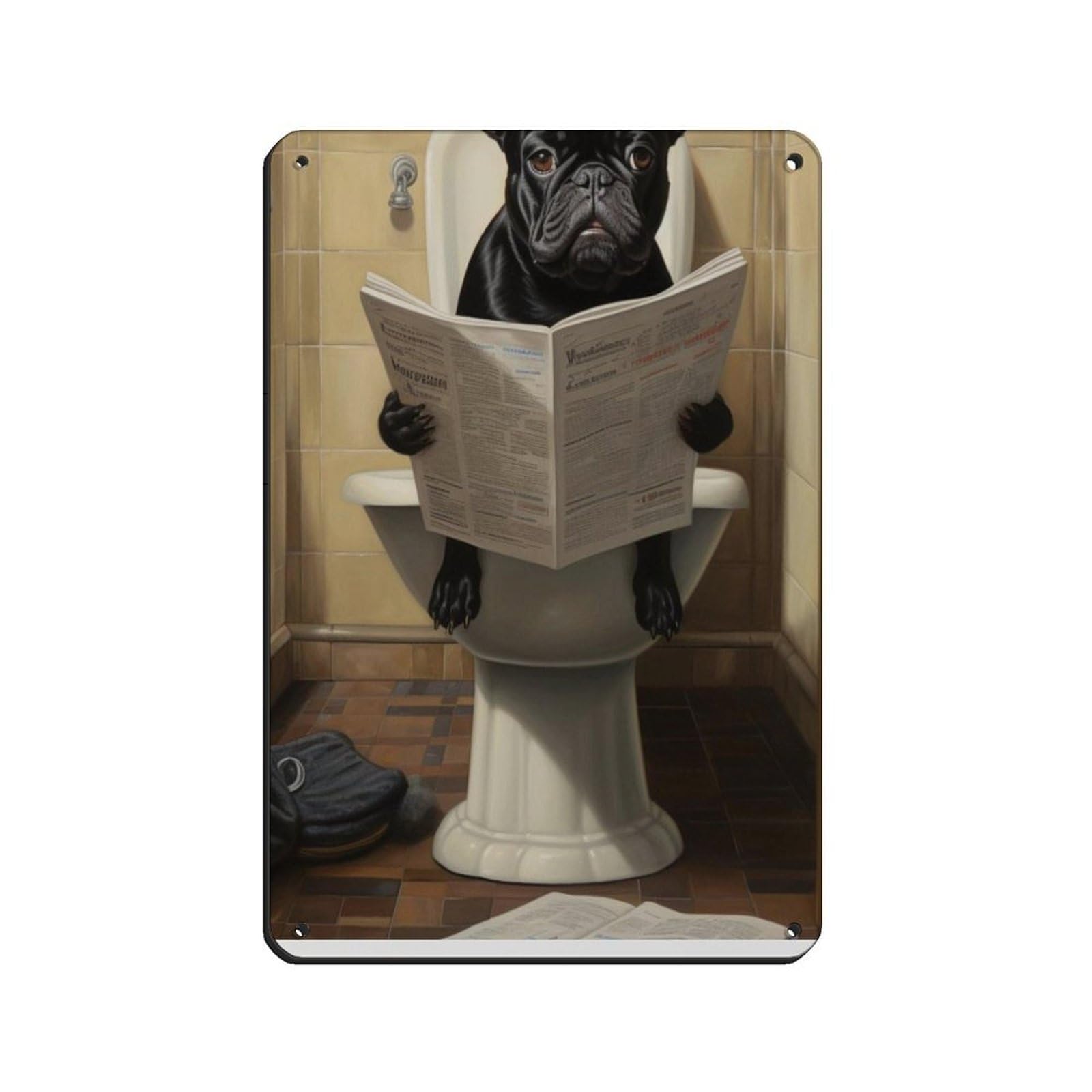 Black French Bulldog on Toilet Art Tin Sign Vintage Metal Pub Club Cafe Bar Home Wall Art Decoration Poster Retro 8x12inch(20x30cm)