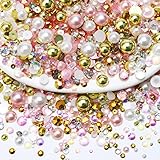 Towenm 60g Mix Pearls and Rhinestones for Crafts, Flatback Rhinestones and Pearls for Nails Face Art, 2mm-10mm Mixed Sizes Half Pearls and Rhinestones for Tumblers Shoes, Pink|Gold|White