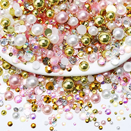 Towenm 60g Mix Pearls and Rhinestones for Crafts, Flatback Rhinestones and Pearls for Nails Face Art, 2mm-10mm Mixed Sizes Half Pearls and Rhinestones for Tumblers Shoes, Pink|Gold|White