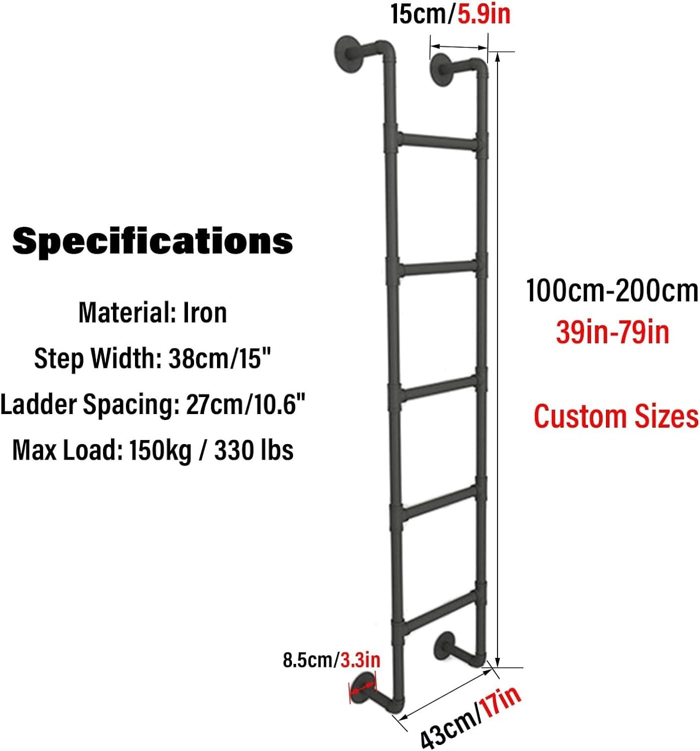 AviiSo Scaletta per Letto per tetto/garage esterno, Scale sospese fissate al muro, Scaletta per letto a castello con raccordi, Carico 150 kg(Black,3.3ft/100cm/39.4in)