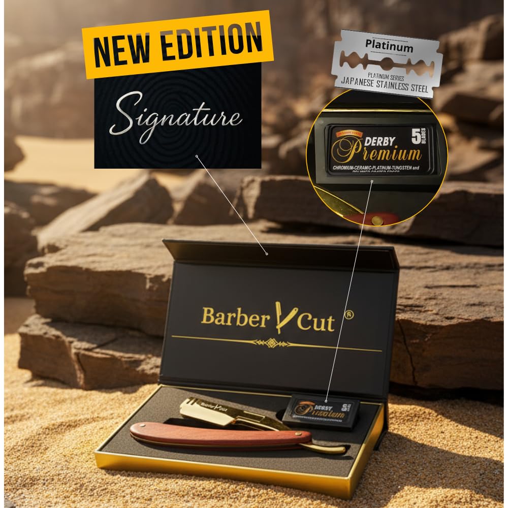 Rasoir homme Barber Cut coffret cadeau acier inoxydable Or bois précieux kit barbe 5 doubles-lame rasoir professionnel