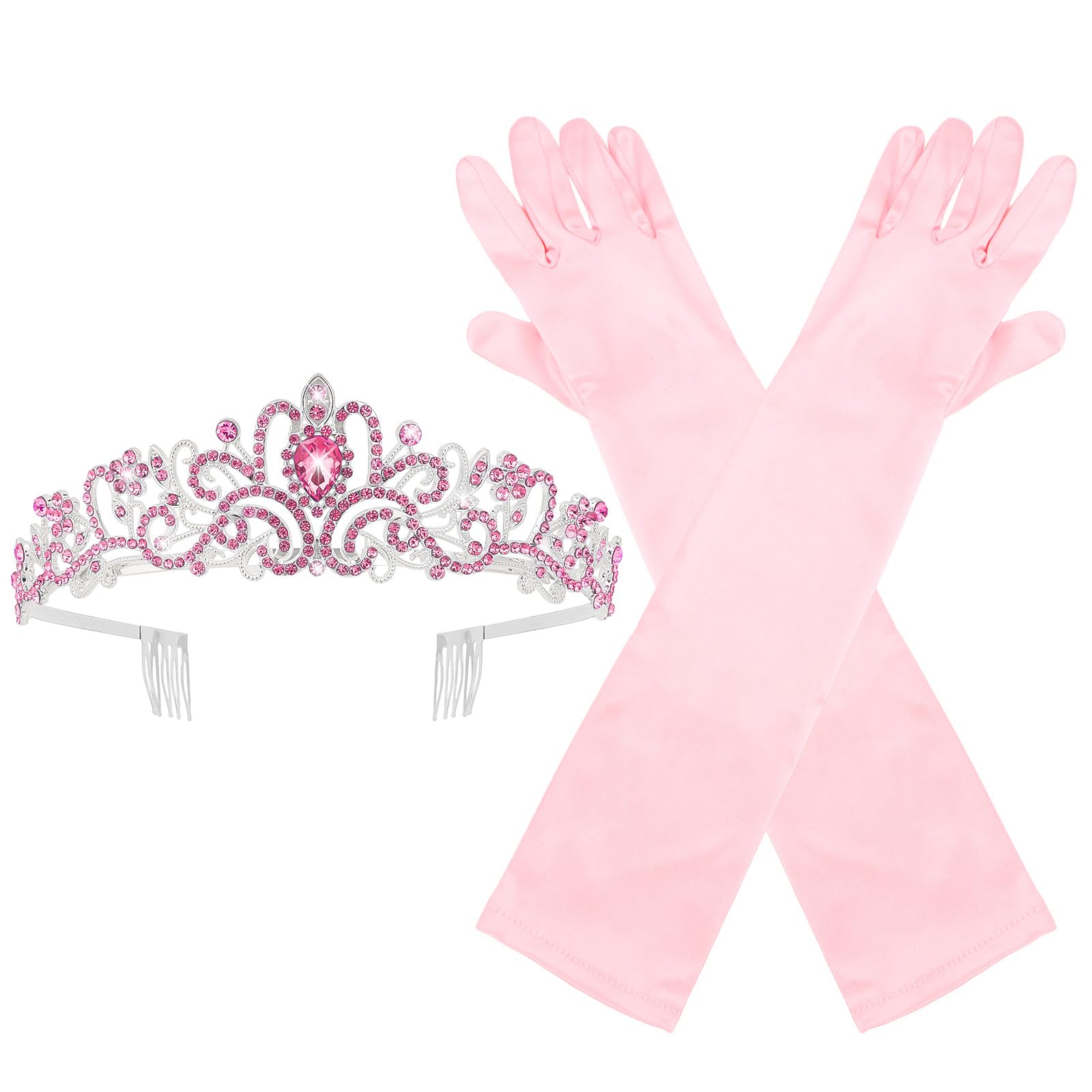 Tiara and Gloves Princess Crown and Long Satin Gloves Halloween Princess Accessories Pink