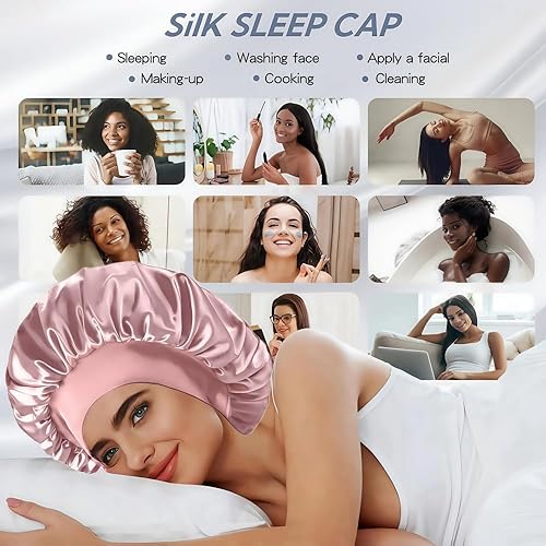 Miniatura 7 de Gorro de seda para mujeres durmientes, gorro de doble capa con forro de satén para dormir, gorro de ducha para mujeres con cabello rizado natural,