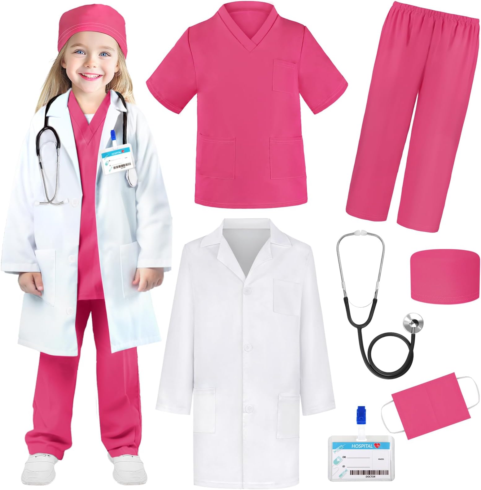 Doctor Costume for Kids Scrubs Real Stethoscope Lab Coat Halloween Costumes Career Day Costume For Kids Girls 3-12