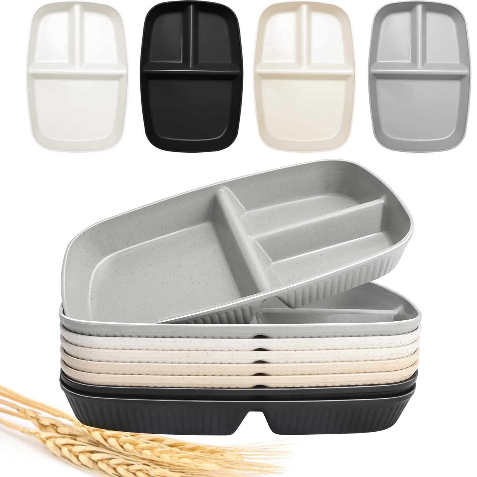 shopwithgreen Divided Plate for Adults, 8 Pcs (10.5 Inch) Unbreakable Wheat Straw Plates with 3 Compartments, Reusable Bariatric Portion Control Plate for Kids Toddlers, Dishwasher & Microwave Safe