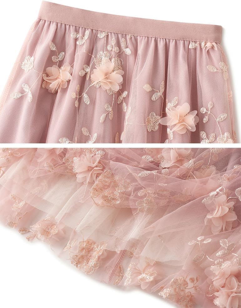 Womens Floral Midi Skirt High Waisted A Line Cute Layered Fairy Mesh Tulle Pleated Skirt - Image 2