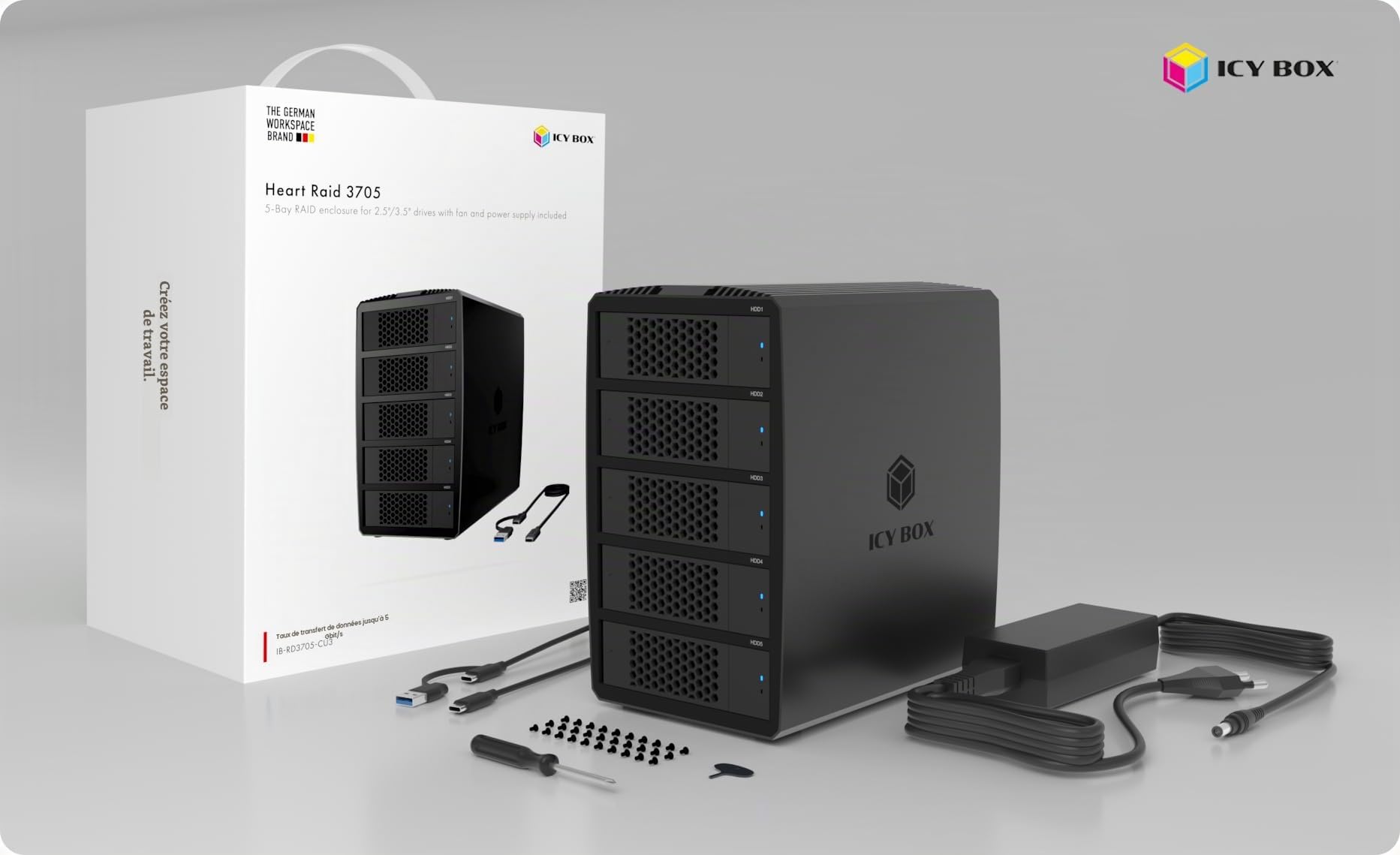 ICY Box Boîtier Raid 5 Baies pour HDD/SSD 2,5"/3,5", Stockage Das USB-C avec USB 3.2 Gen 1 (5 Gbps), HotSwap SATA III Enclosure, Modes 0/1/3/5/LARGE/SINGLE, IB-RD3705-CU3, Heart Raid 3705
