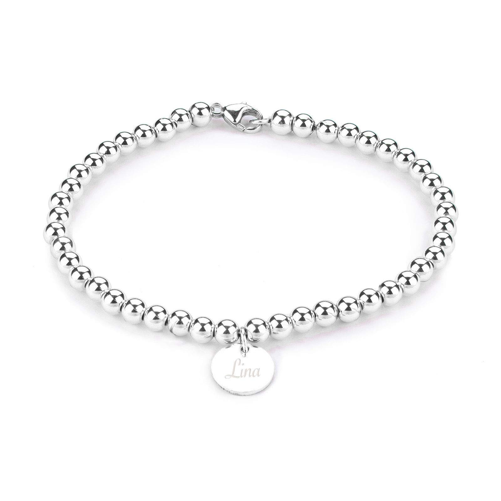 EDINA - Kugel Armband aus 925er Sterling Silber mit Gravur | 9,5mm Plättchenanhänger | Personalisierter Schmuck | Geschenke für Frauen zum Jahrestag Muttertag Geburtstag