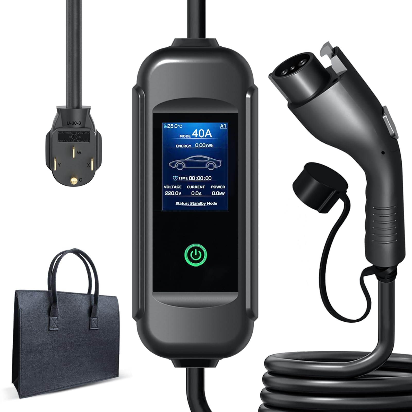 Level1- Level2(40/32/24/16/8 Amps Adjustable) Portable EV Charger with LED Display 240 Volts,25ft Cable,SAE J1772 Standard NEMA14-50 Plug and Portable Cable Pack