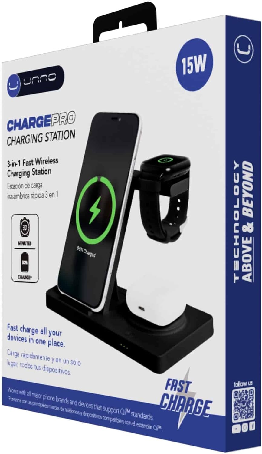 UNNO 3-in-1 Magnetic Wireless Charging Station with Fast Charge | Compatible with iPhone 15/14/13/12, Apple Watch (All Series), AirPods Pro 3/2 | Desktop Stand for Home & Office