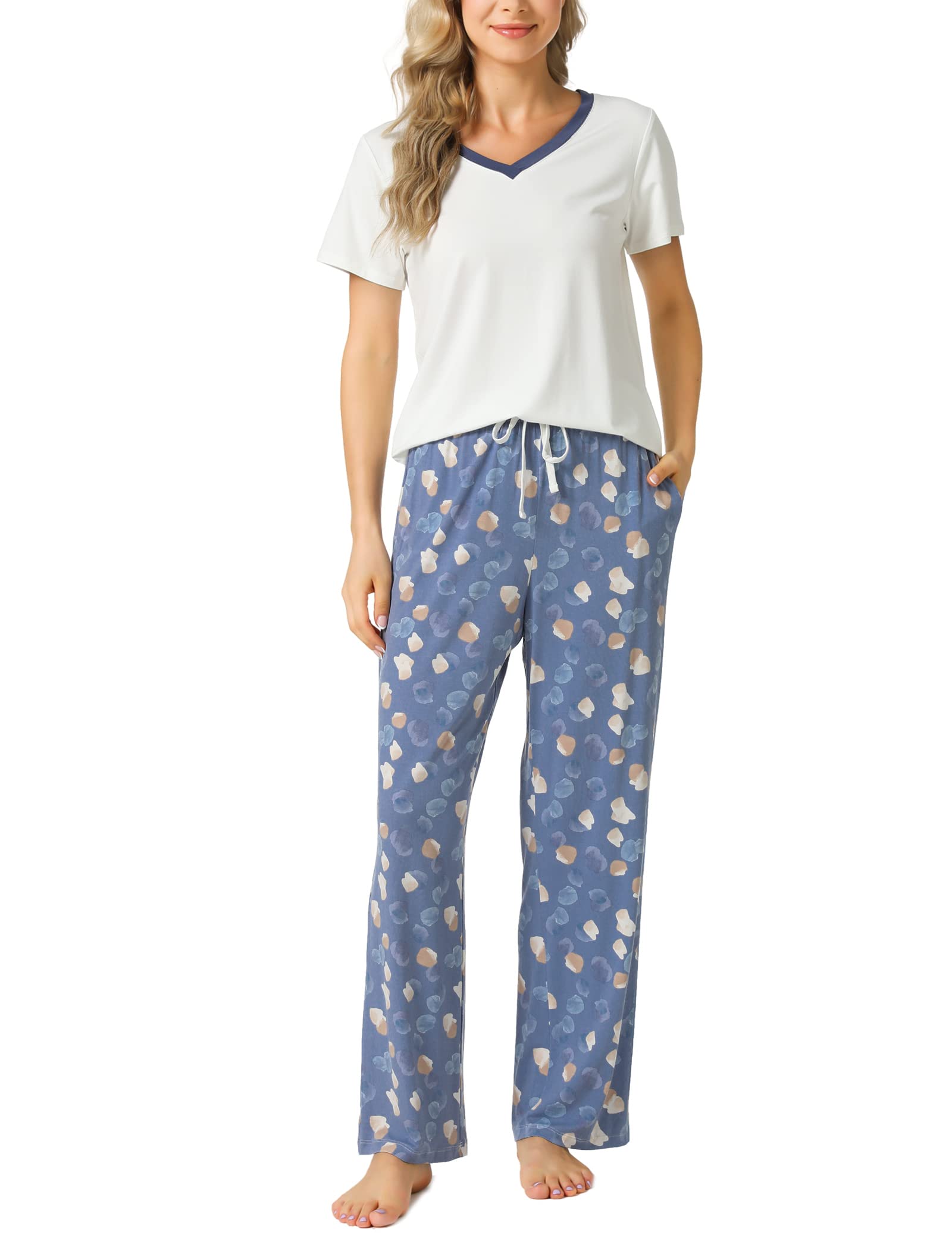 GYS Bambus-Pyjama-Set für Damen, superweich, 2-teilig, Nachtwäsche, kurzärmeliges Oberteil und Hose mit Taschen, Pyjama-Lounge-Sets