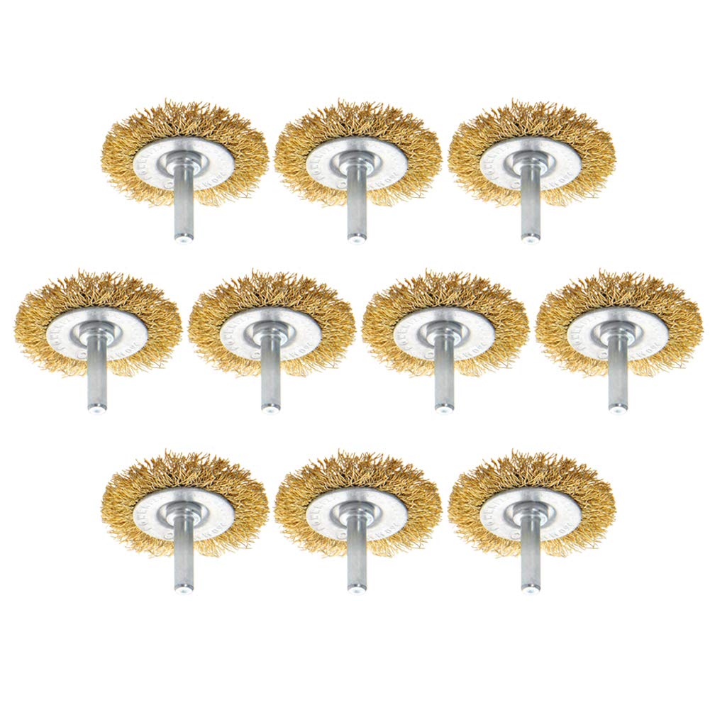 Utoolmart Wire Wheel Brush, with 1/4-inch Shank Steel Wire Brush, Wire Brush for Drill, 50mm Wire Brush, Copper-Plated Yellow Steel Wire, for Removing Rust Polishing Metals, 10 Pcs