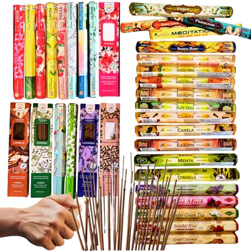 Pack de 120 Varillas Aromáticas – 6 Fragancias Sorpresa – Incienso Natural para Hogar, Meditación y Relajación – Varitas de Incienso de Larga Duración con Porta inciensos y Bolsa Anti Humedad