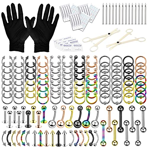 BodyJ4You 200 PCS Body Piercing Kit Lot Belly Ring Labret Tongue Eyebrow Tragus Barbells 14G 16G Mix Jewelry