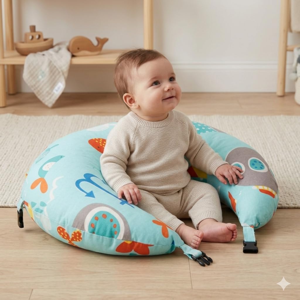 KIDS BUBBLE Large 5 in 1 Baby Feeding Pillow with 100% Cotton Removable Cover | Breastfeeding Pillow | Nursing Pillow with Adjustable Belt and Hoop (Green Without Arm Rest, Large)-image-16