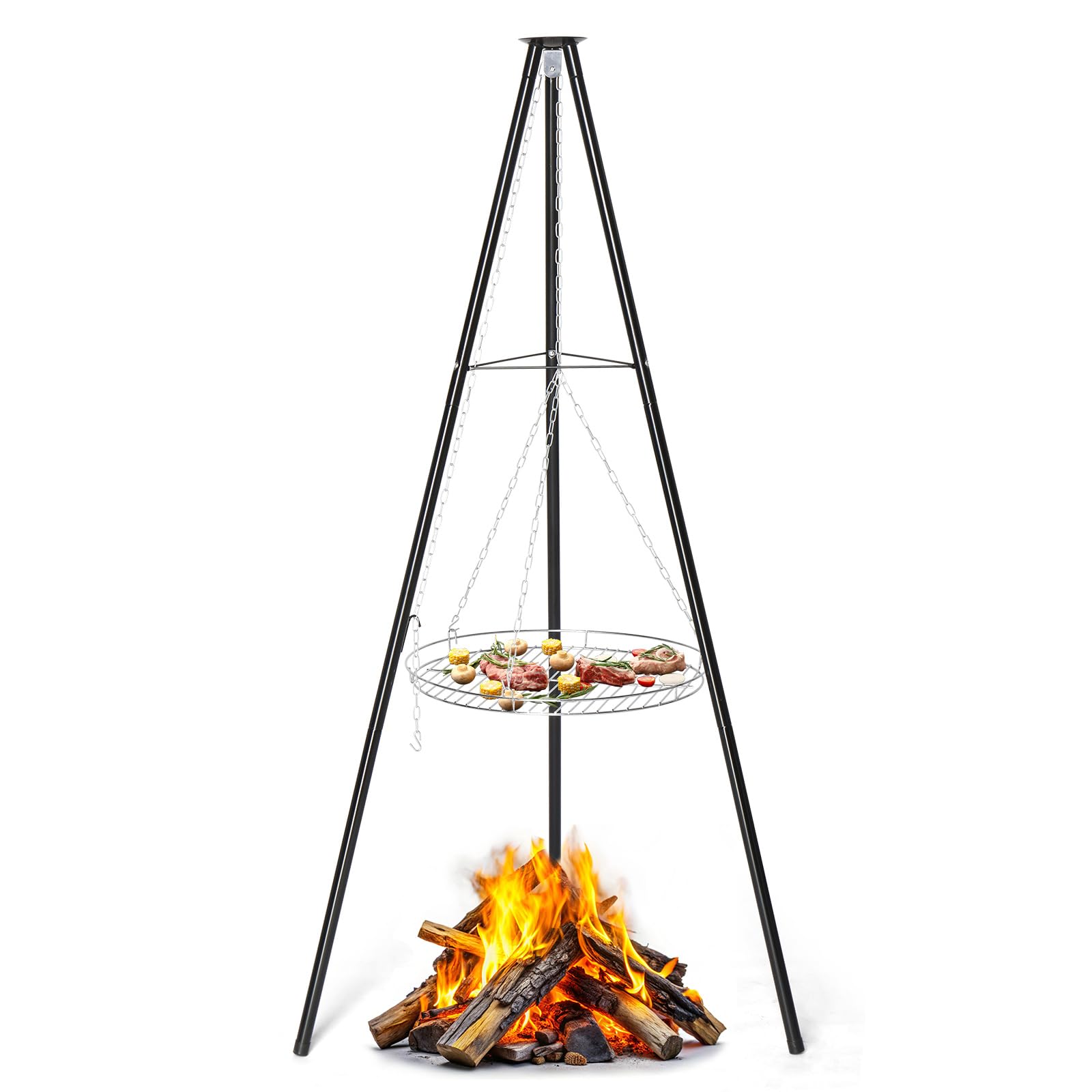 LEADZM Barbecue charbon de bois - Barbecue suspendu sans foyer(Plaque à pâtisserie de 50 cm de diamètre) - Réglable en hauteur, Structure de type trépied(robuste et stable) - Pour camping et jardin