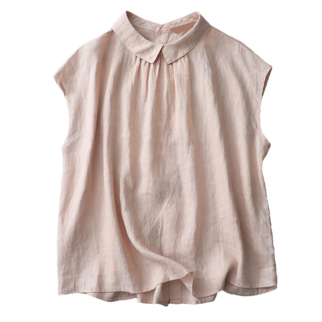 Camicia estiva da donna in cotone e lino con risvolto tinta unita casual ufficio signora senza maniche canottiera top