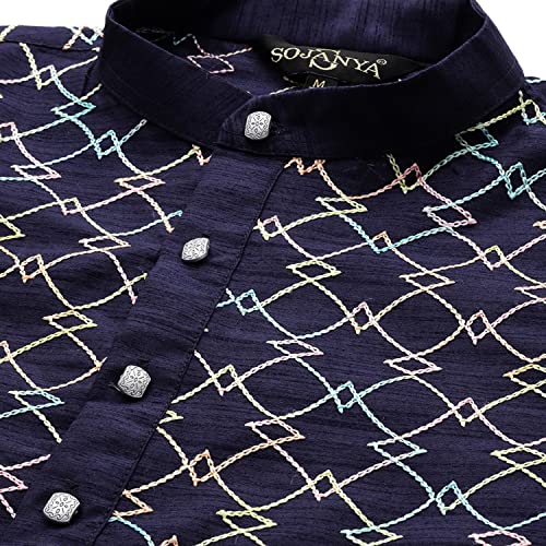 Image of SOJANYA, Men's Silk Blend NavyBlue Kurta with Multi Color Embroidery and Off-White Pyjama