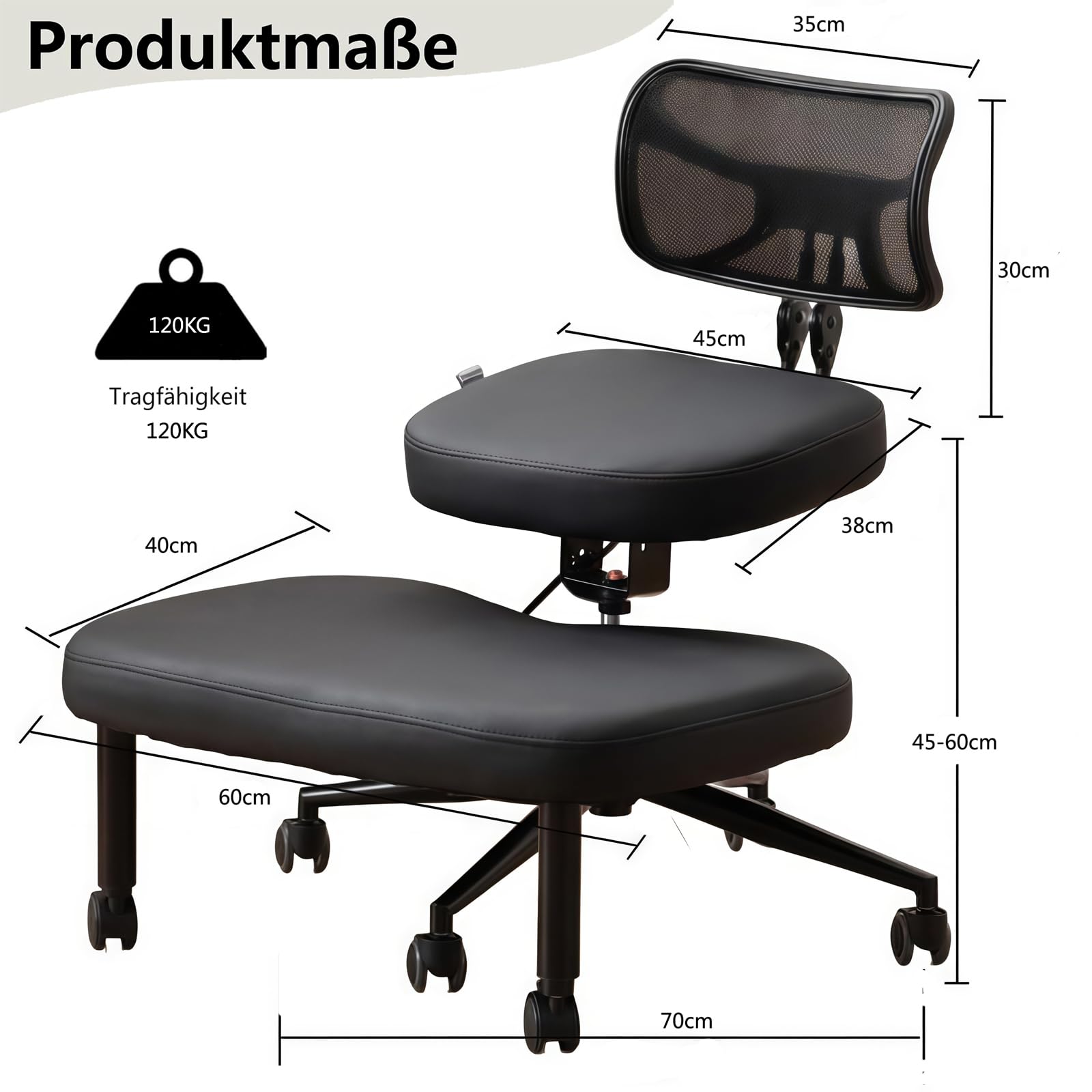 Chaise croisée avec roues, chaise à genoux polyvalente avec support arrière, tabouret réglable avec siège incliné pour une meilleure posture, coussins épais et confortables, noir