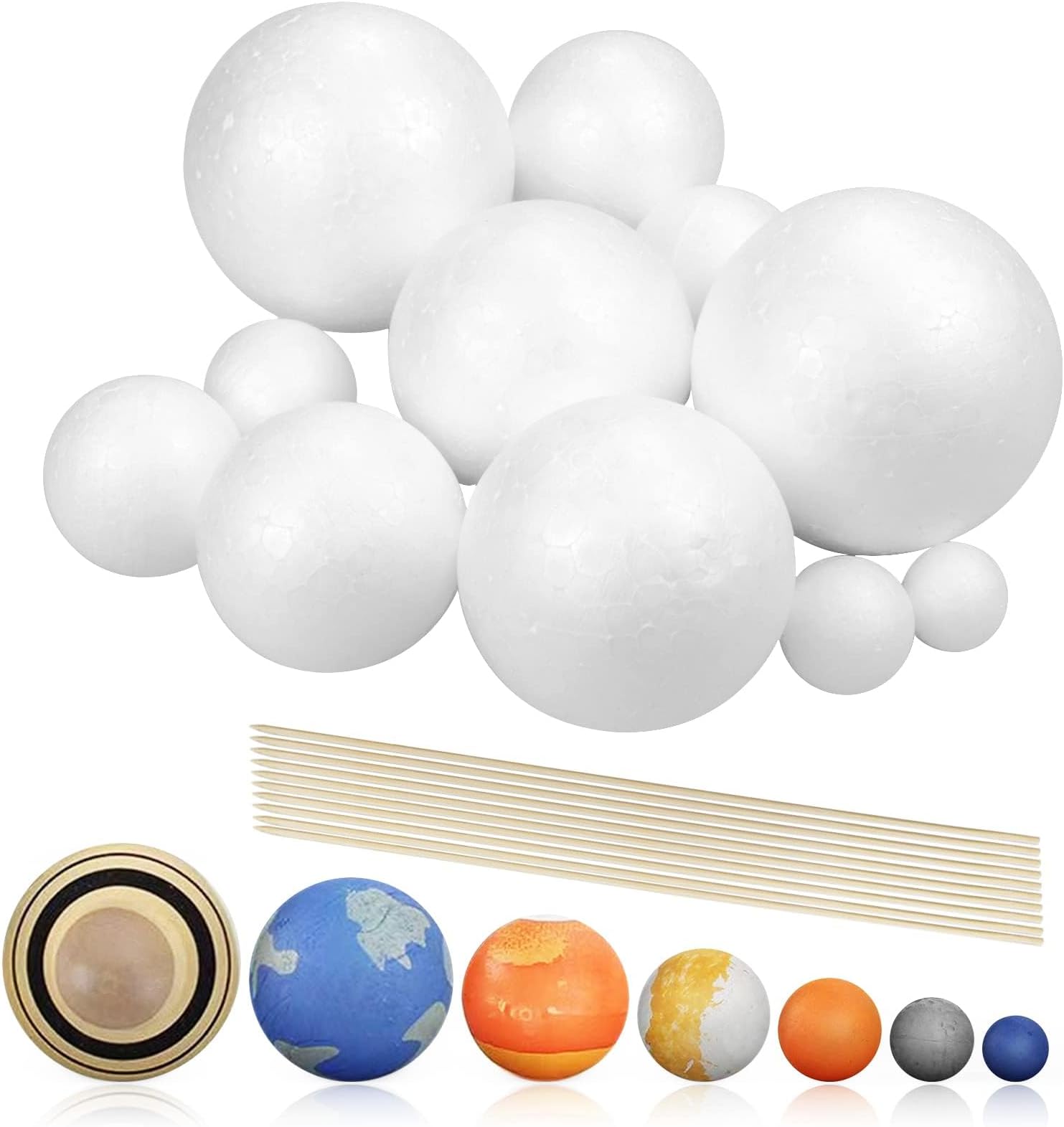 24PCS Solar System Model Foam Ball Project Kit, Planet Model Crafts Includes 14 Sized Polystyrene Spheres Balls, 9.5" Bamboo Sticks for School Science Projects