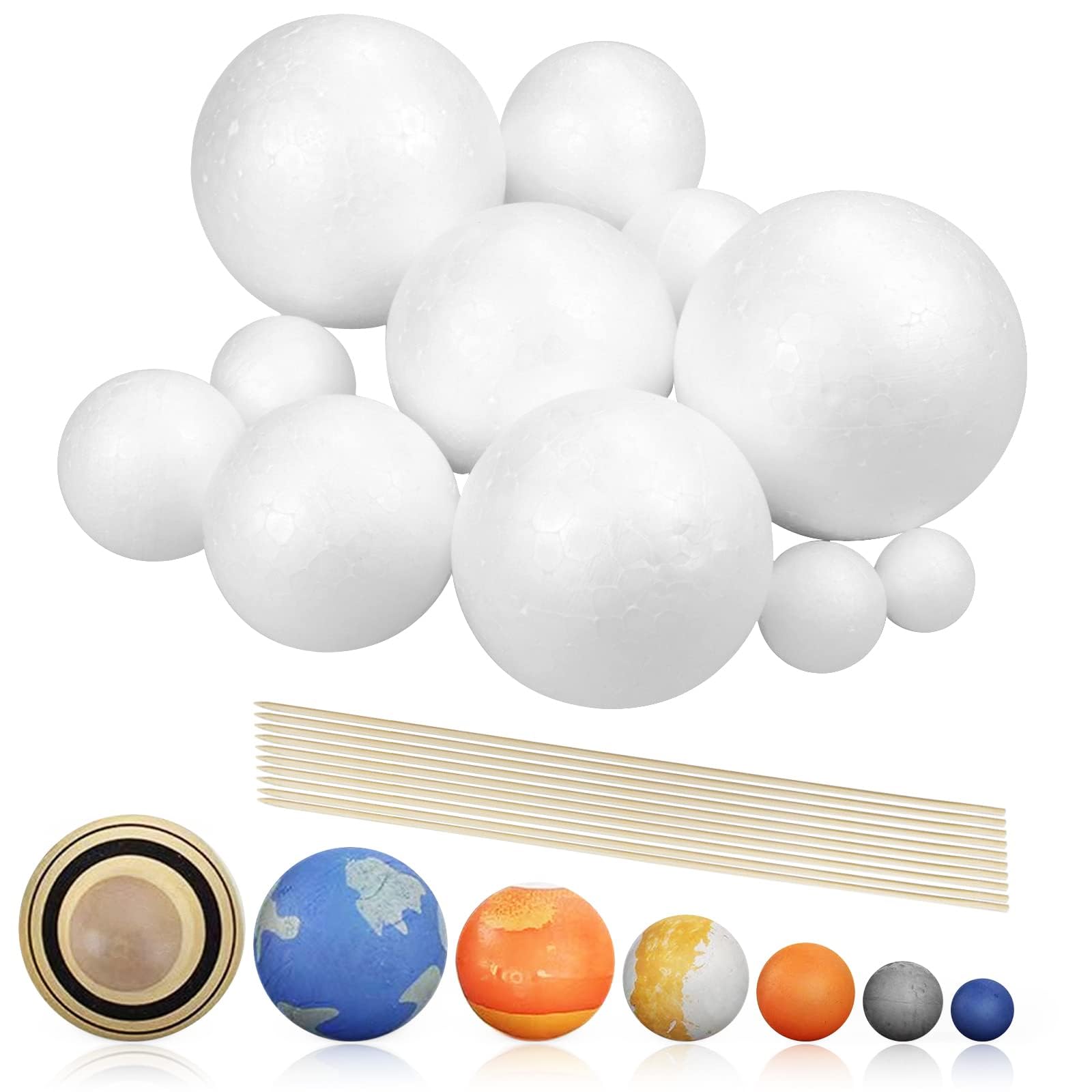 24PCS Solar System Model Foam Ball Project Kit, Planet Model Crafts Includes 14 Sized Polystyrene Spheres Balls, 9.5" Bamboo Sticks for School Science Projects