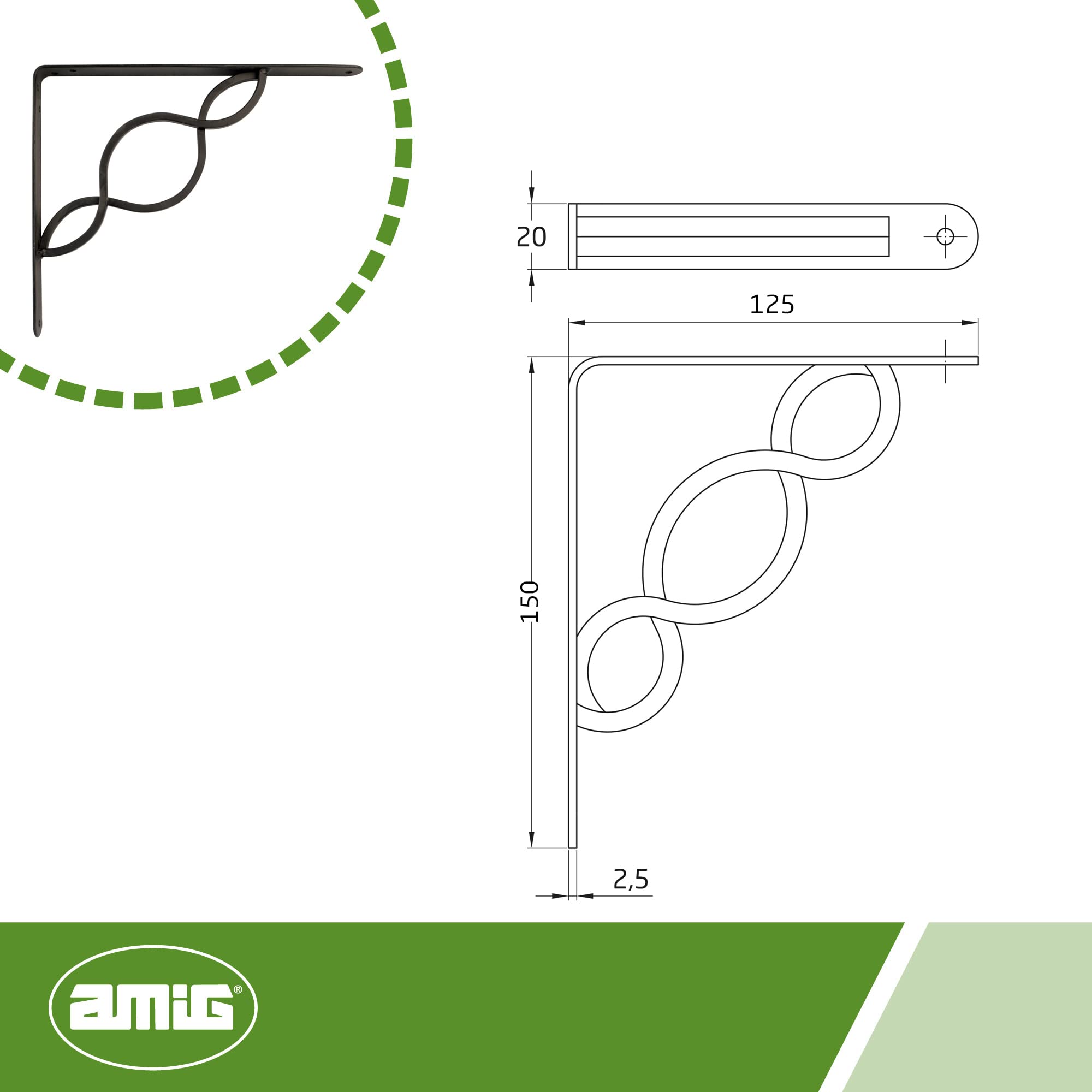 Amig - Wandplankbeugel - Metalen plankbeugel - Hoekplank - Planksteun - Staal - Zwart - Afmetingen: 150x125 mm - Max. aanbevolen gewicht: 195 kg