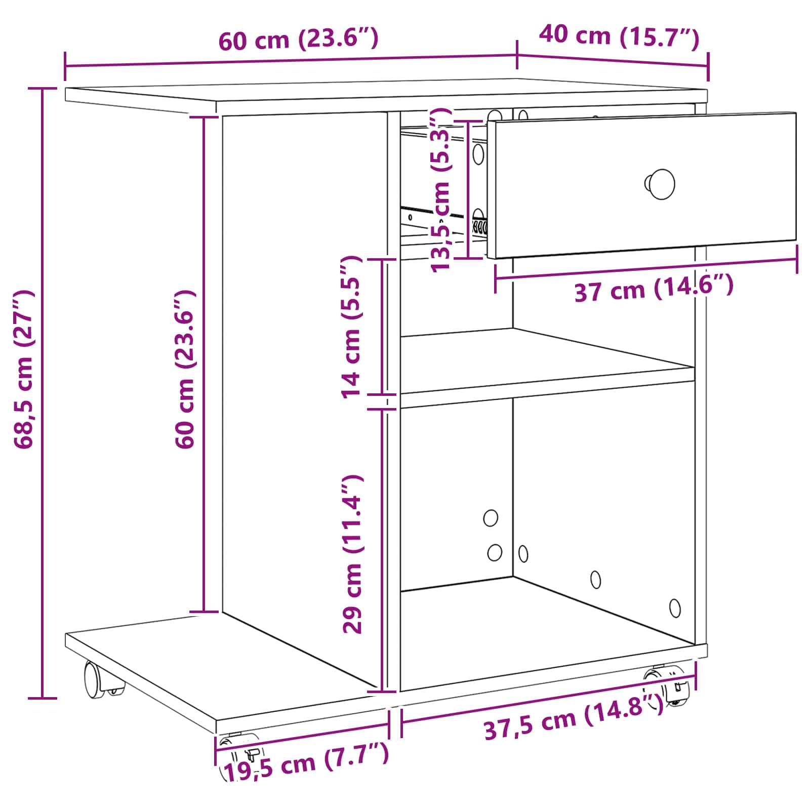 Druckerständer Uni Altholz Holzwerkstoff 60 x 40 x 68,5 cm mit Rollen und Schubladen, mobiler Bürowagen für Drucker und Büroorganisation, praktischer Stauraum für Akten, Papier, Scanner