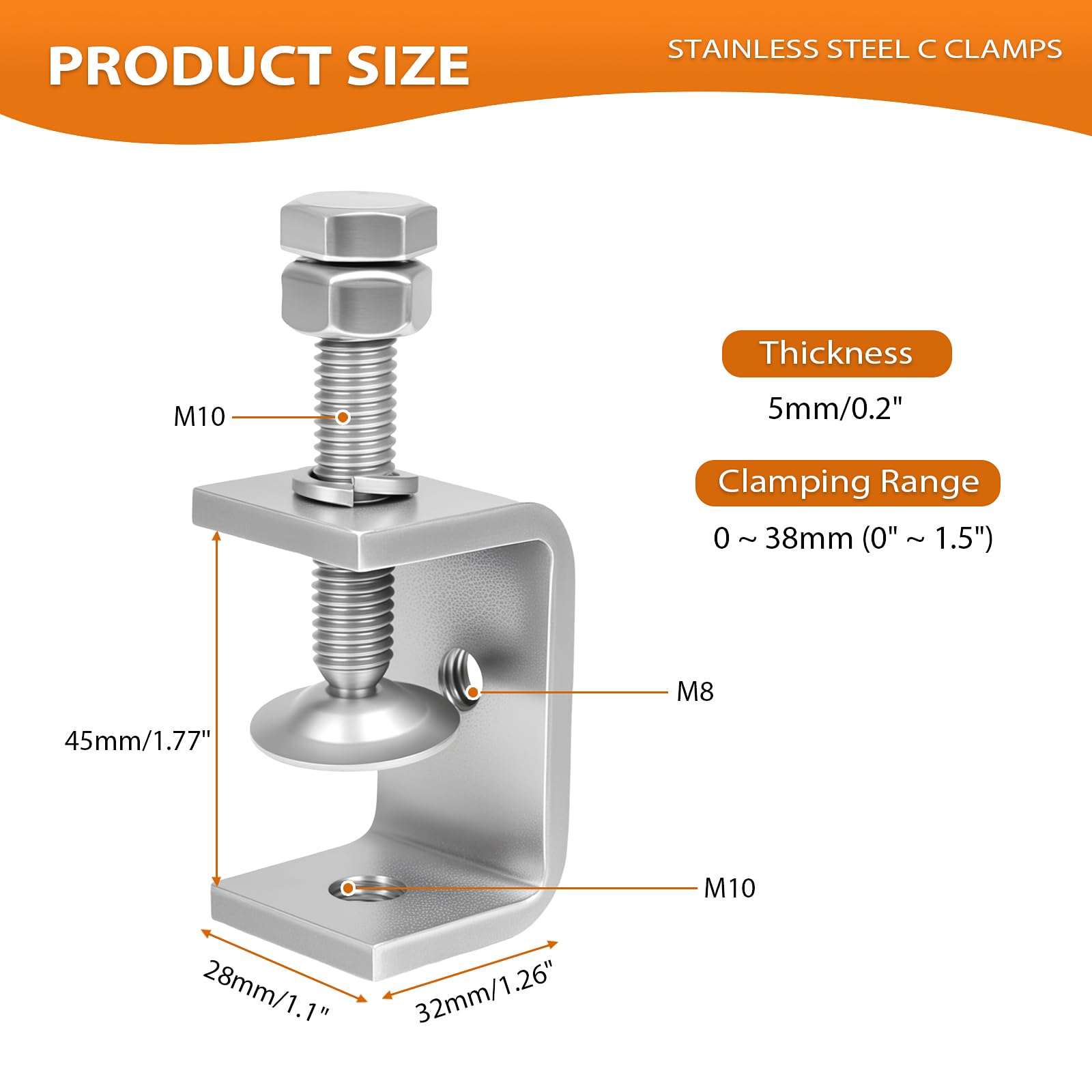 Photo 1 of 1-3/4 Inch C Clamp, 2 Pcs 304 Stainless Steel C Clamps, Small U Clamps for Mounting, G-Clamp with Wide Jaw Opening and I-Beam Design, for Carpentry, Metal Fabrication, DIY Home Improvement (45mm)