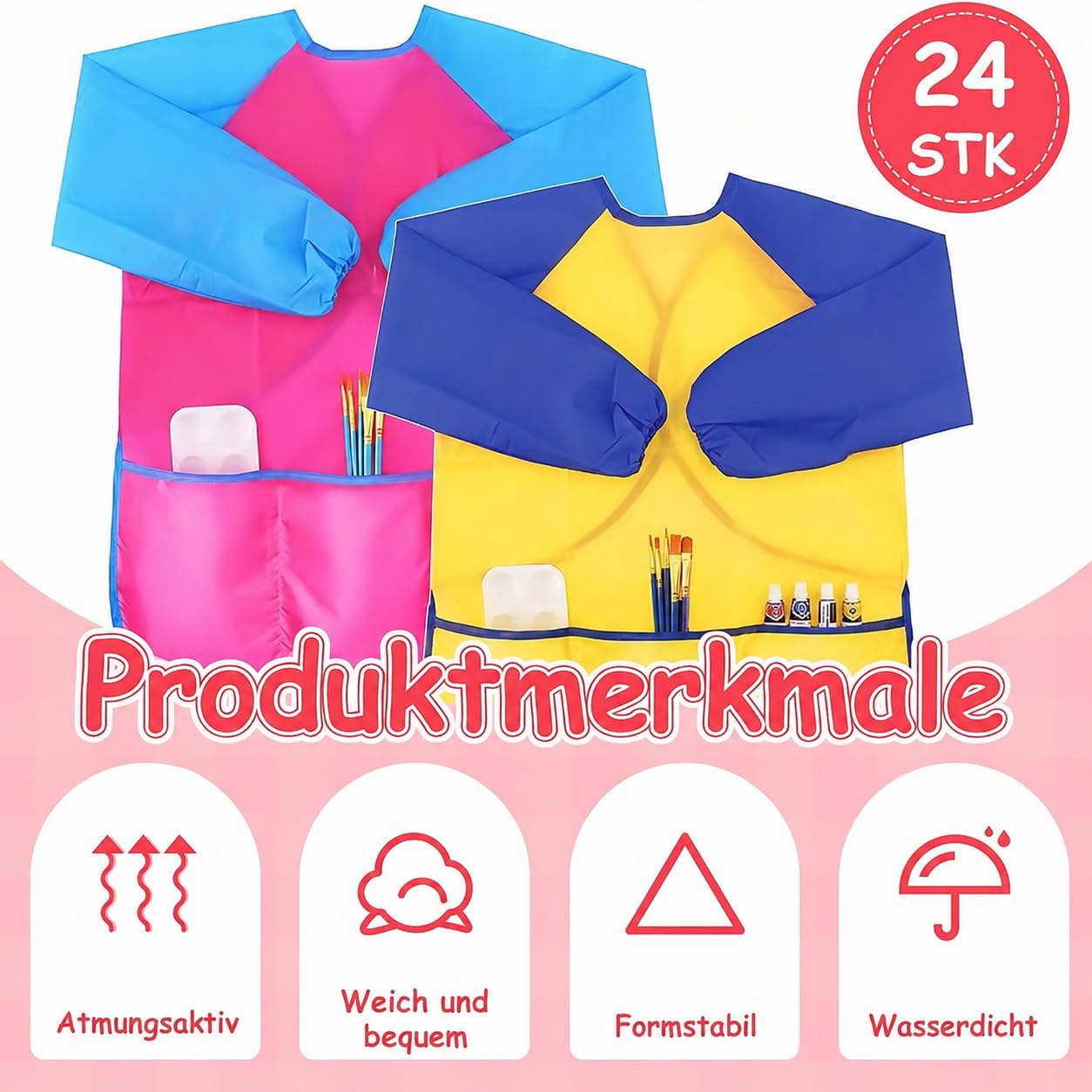 24 Stück Malkittel Kinder 5–8 Jahre, Wasserdicht Malschürze mit Ärmeln | Bastelschürze mit 3 Taschen und Klettverschluss, leicht zu tragen für Schule, Kunstunterricht, Werken & Kochen