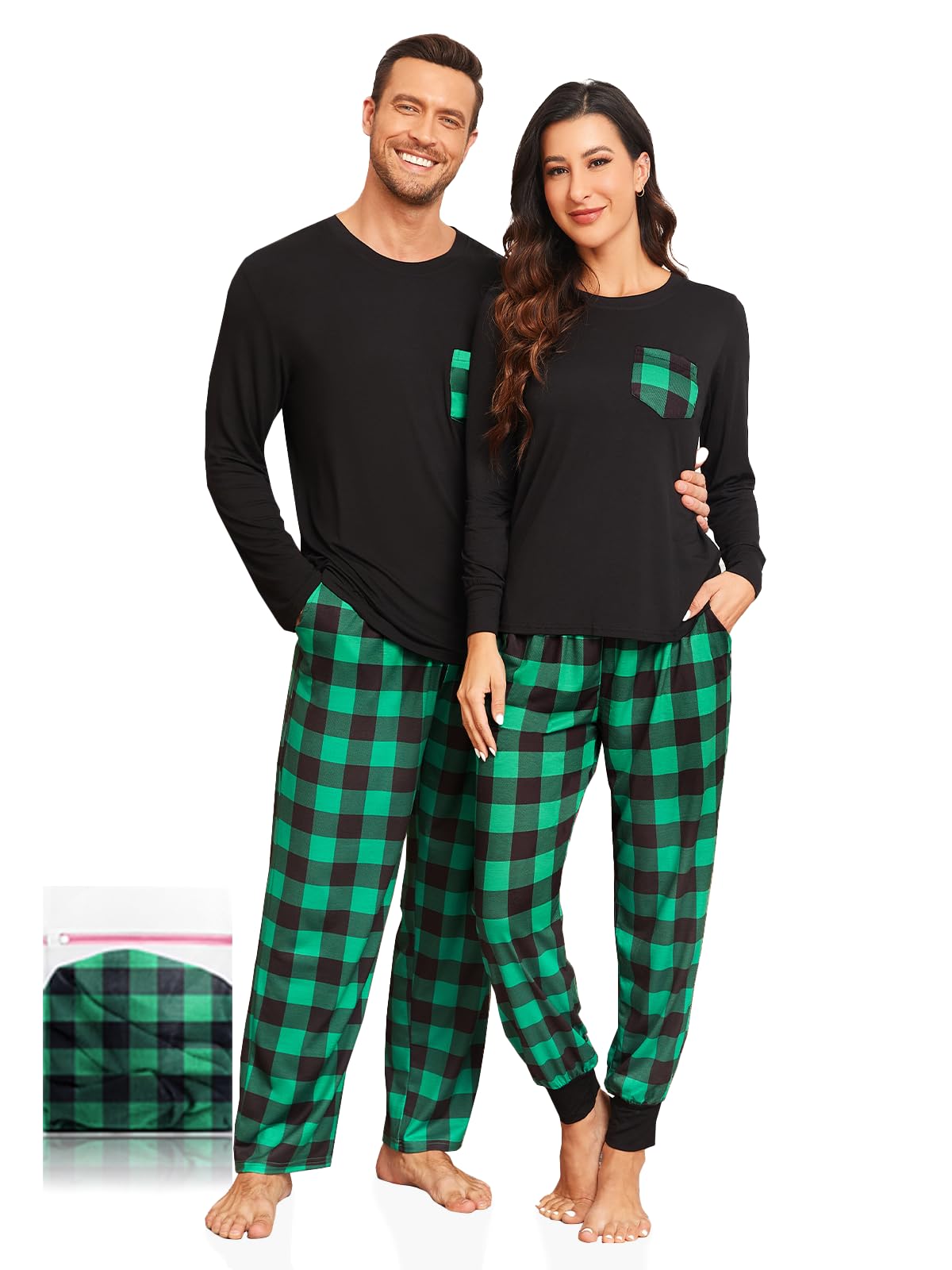 Matching Christmas Pajamas for Couples in Black Green Plaid Long Sleeve Sleepwear for Men Women, Black&Green-M-image-33