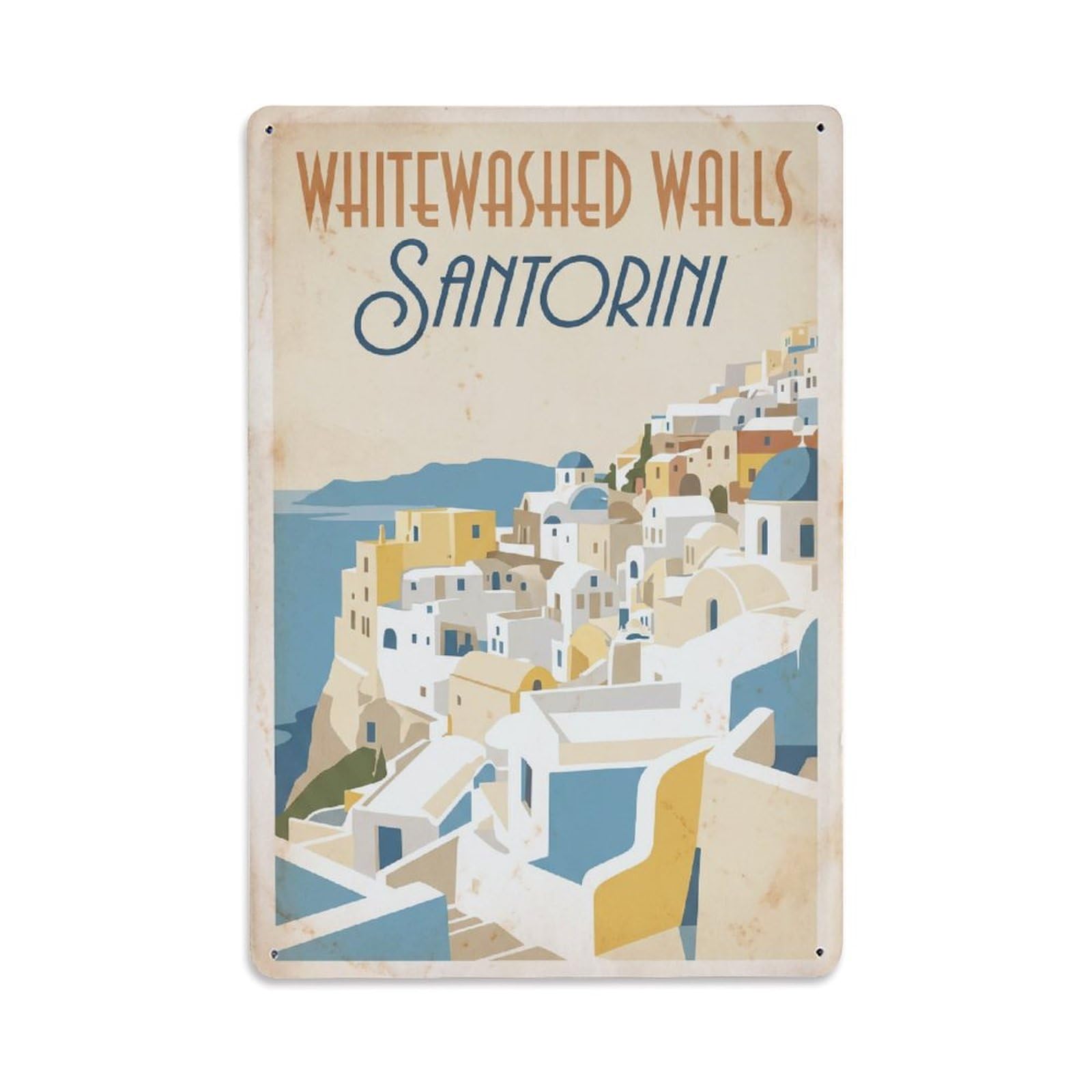 Gead 8X12inch Style Vintage Travel Santorini Whitewashed Walls Metal Tin Sign