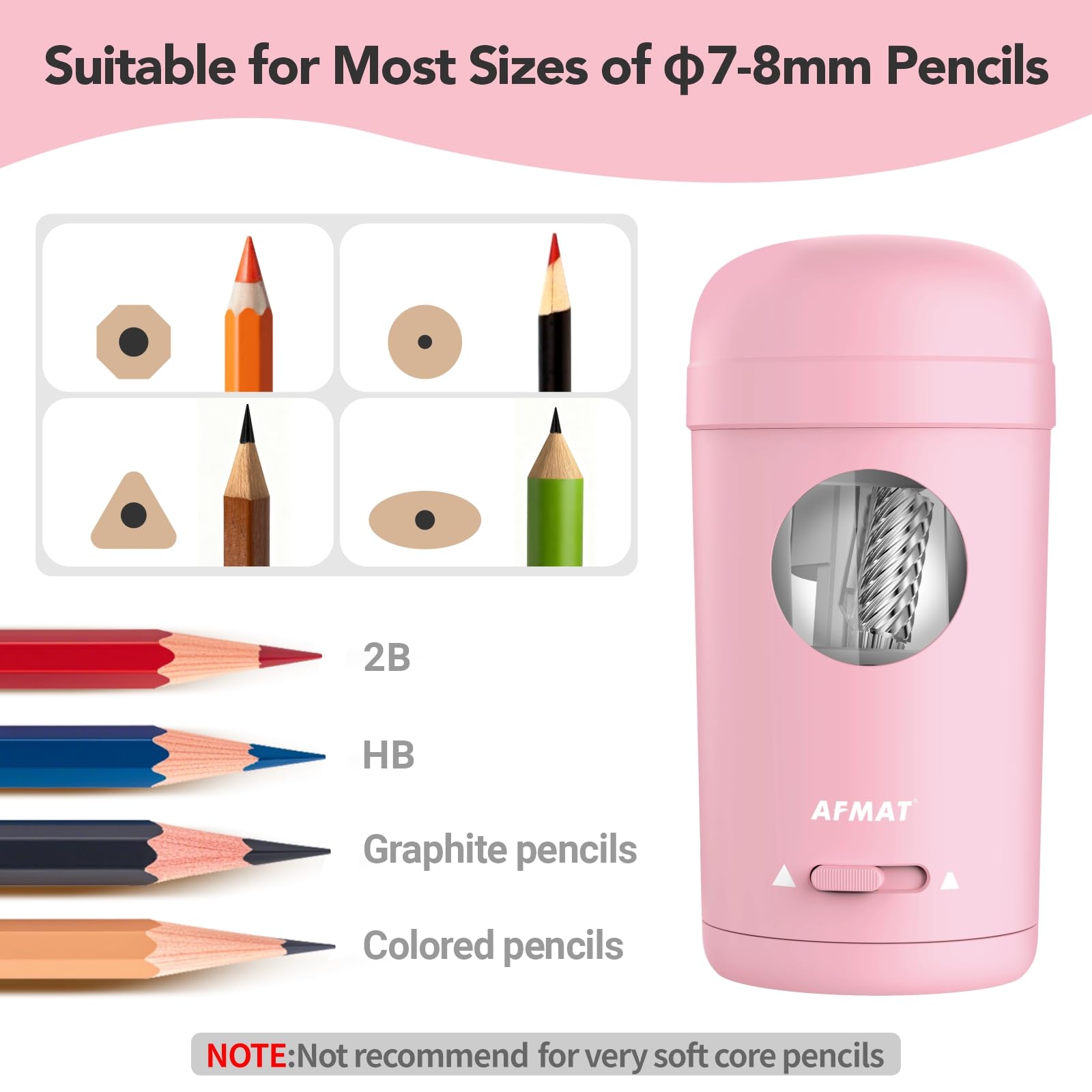 AFMAT - Sacapuntas eléctrico totalmente automático para lápices de 7-8 mm y lápices de colores, entrada y salida automática, sacapuntas verticales recargables para aula/hogar y oficina, modelo: PSX7