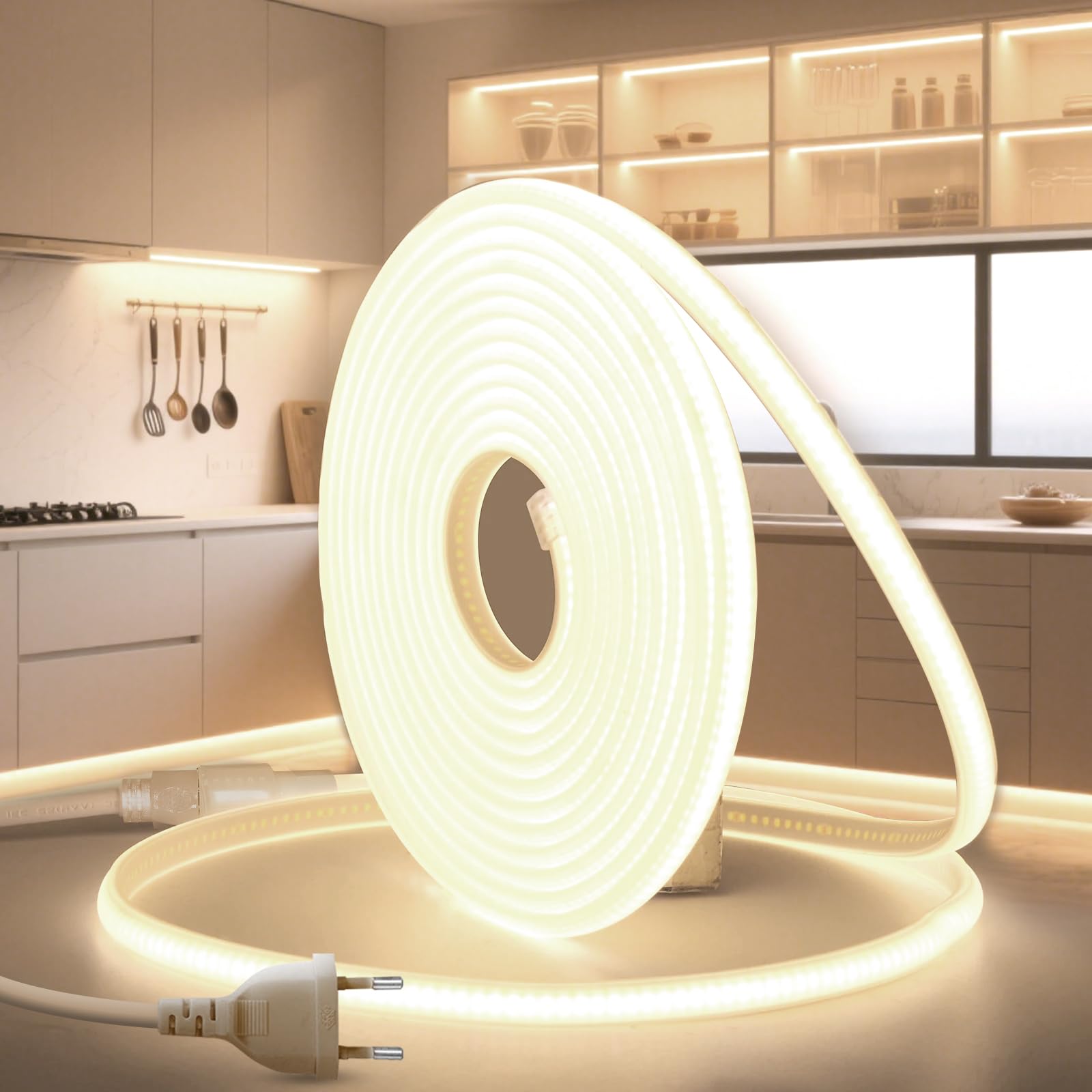 Striscia COB LED Luce 220V 20M Bianco Naturale 4000K Impermeabile IP65 LED Neon Nastro Alta Luminosità 320LED/m Flessibile Tagliabile Luce per Esterno Interno Giardino Cucina Feste Decorazione