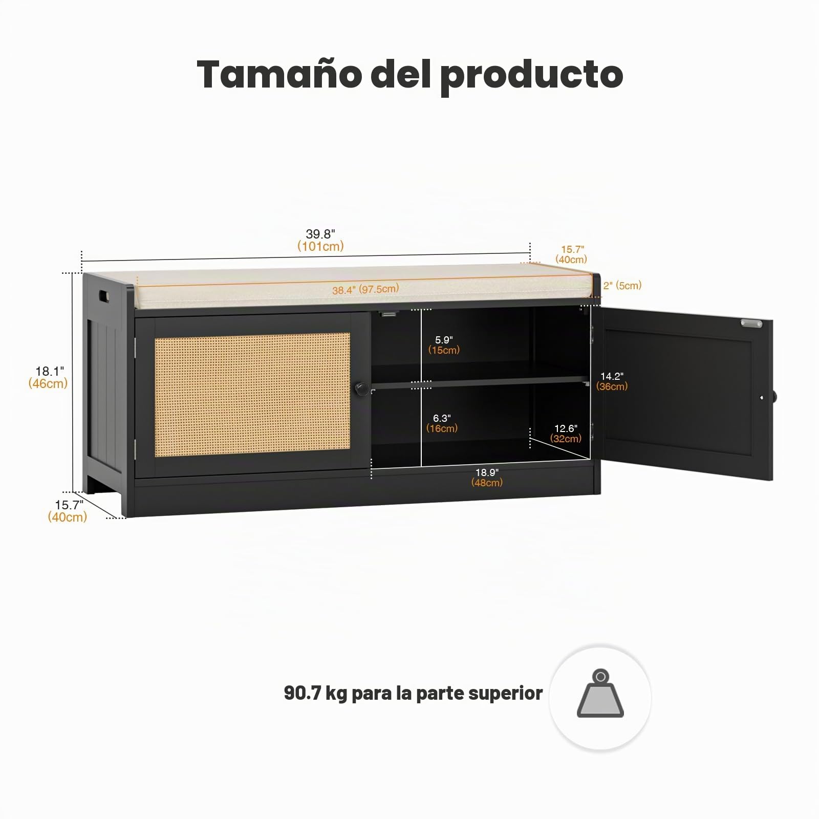 Yvsevn Banco Zapatero con Asiento con Asiento Acolchado Estantes Regulables | Madera Zapatero Entrada Recibidor , Rattan Banco para 8-12 Pares de Zapatos, para Pasillo Entrada carga 150kg 101x40 x46 cm
