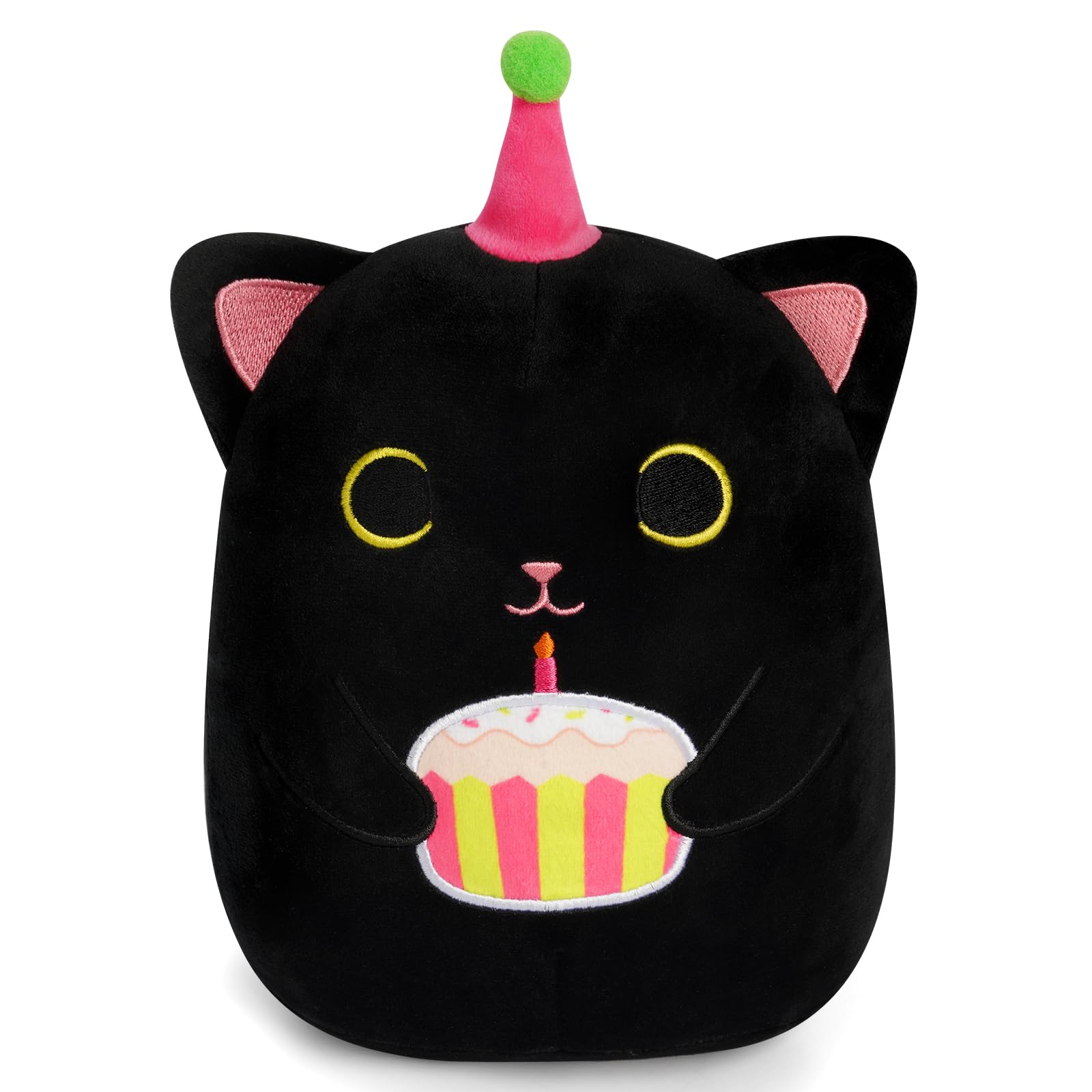Black Cat Plush,8in Black Cat Stuffed Animal with Birthday Cake,Kawaii Cat Plush Pillow Stuffed Birthday Toys Gifts for Kids
