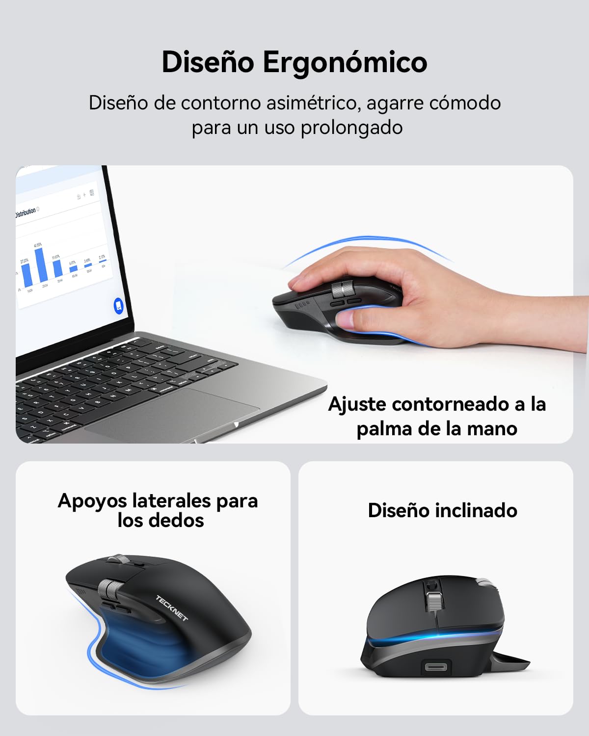 TECKNET Ratón Inalámbrico, 3 Modos (BT 5.3/5.0+2.4G) Recargable Ratón Bluetooth Silencioso con Rueda de Desplazamiento Lateral, 6 Niveles dpi Ajustables Compatible con Windows, macOS, PC - Negro