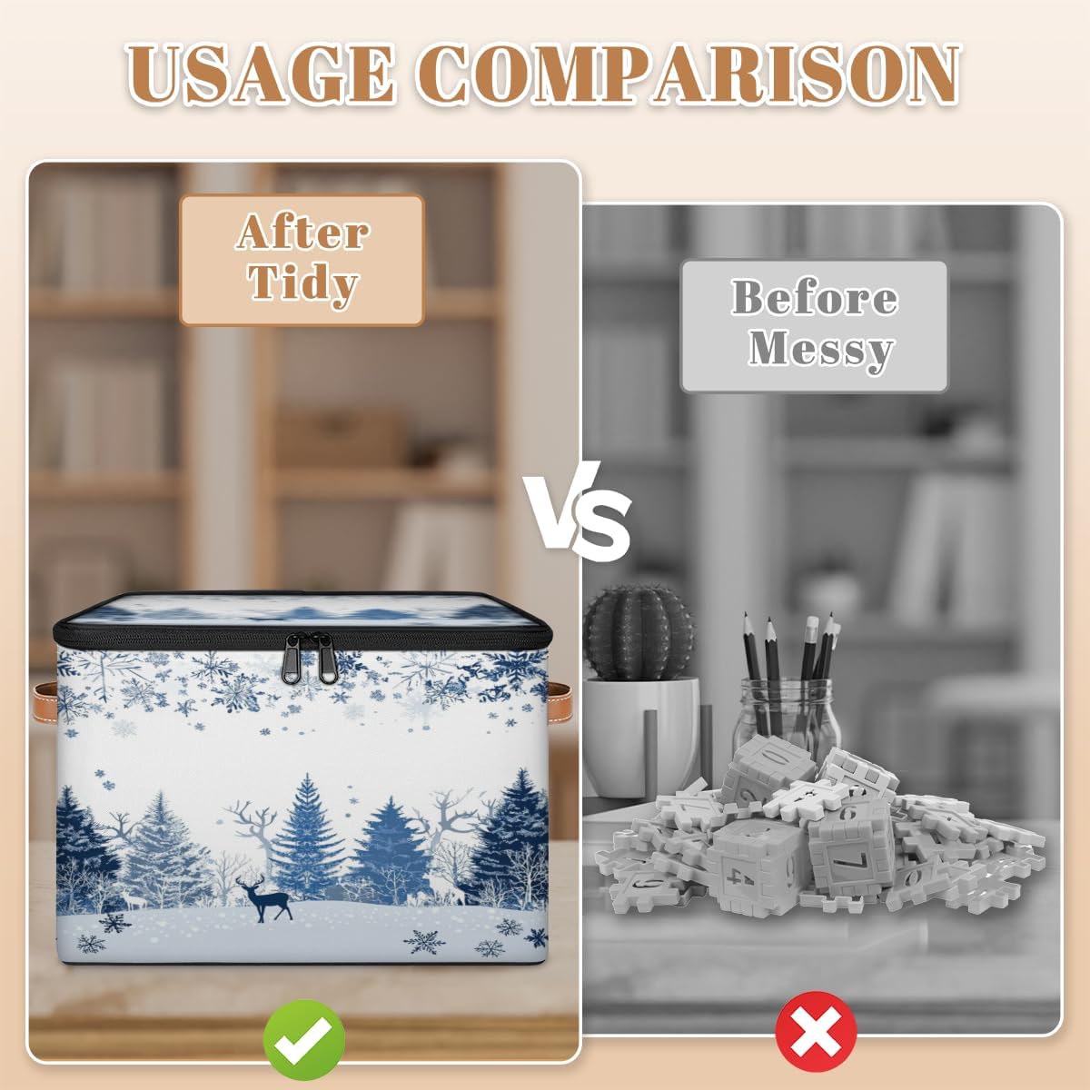 Storage Bin Set of 2 Winter Reindeer Snowflake Storage Basket with Zipper Lid & Handle Foldable Closet Shelf 2 Pack Cloth Organizer Basket Cube Bins for Bedroom, Nursery