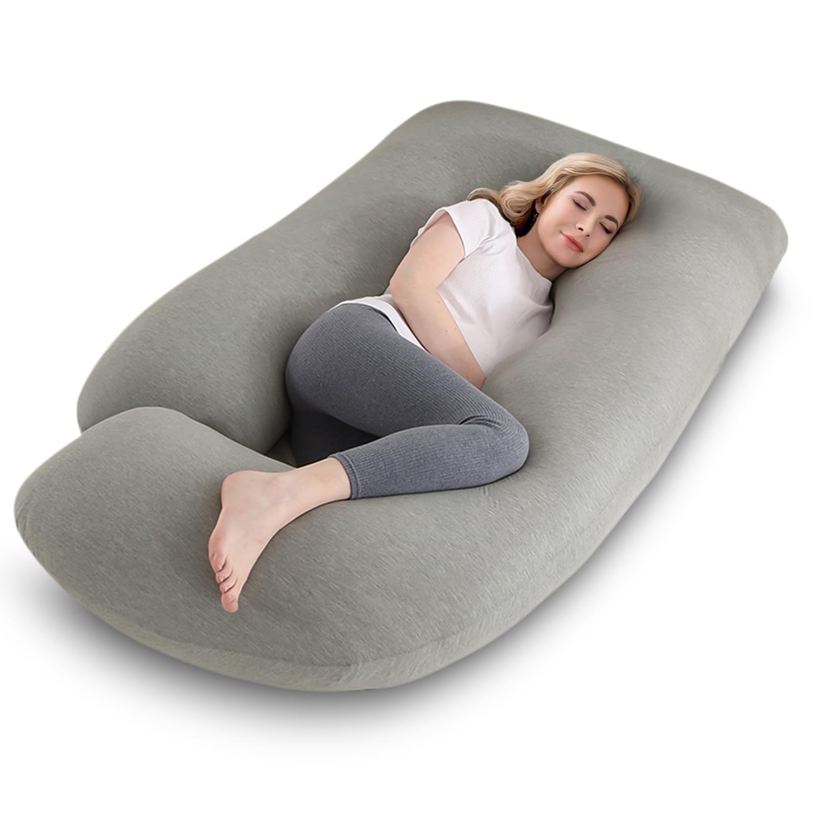 Otauoaea Almohada para Embarazadas, Almohada de Embarazo, Almohada de Cuerpo Completo en Forma de J, Almohada de Lactancia con Funda Extraíble y Lavable, 145x70 cm, Gris Cooling