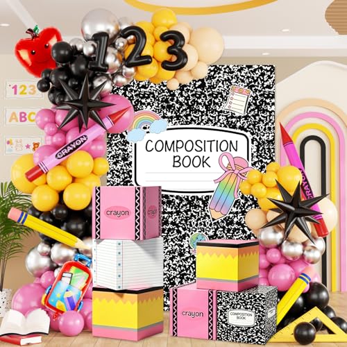 Back to School Balloon Arch Kit All-in-1 Apple Crayon Bag Foil Balloon with Colorful Balloons Composition Notebook Backdrop Balloon Box for First Day of School Kindergarten Graduation Party Supplies
