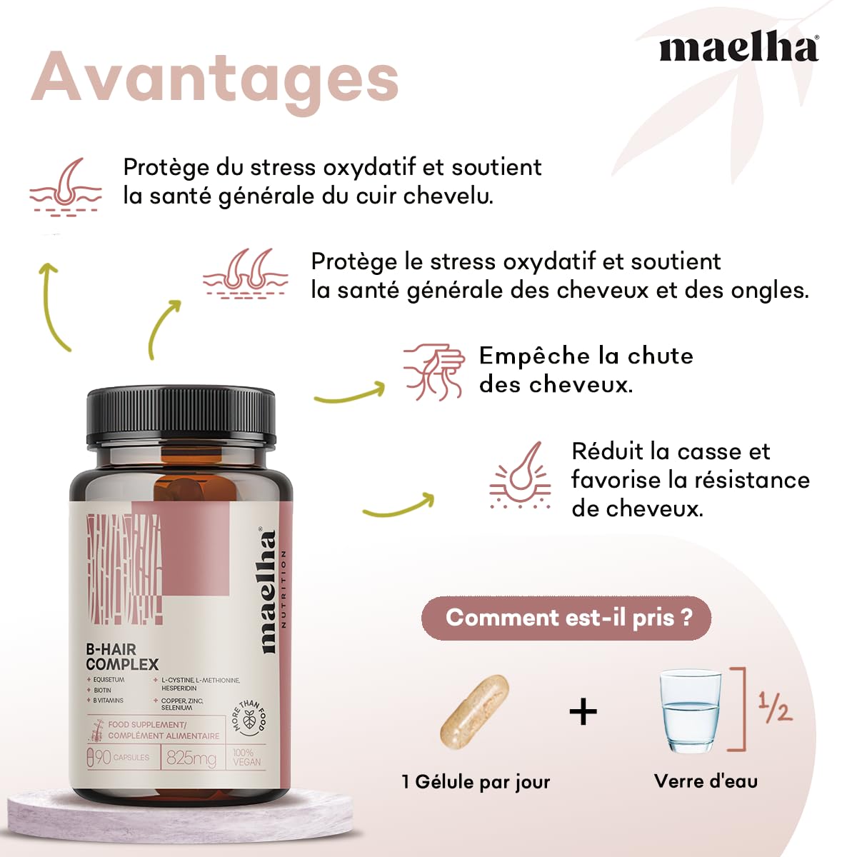 B-Hair Complex | Complément à base de biotine et de vitamine B pour les cheveux | 90 capsules | 100% végétalien