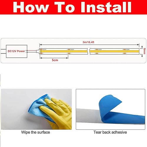 Miniatura 9 de COB - Tira de luces LED, 12 V CC, 16.4 pies, súper brillante, regulable, 32000 lm, 32000 lm, cinta de luz LED de alta densidad, no impermeable, 320