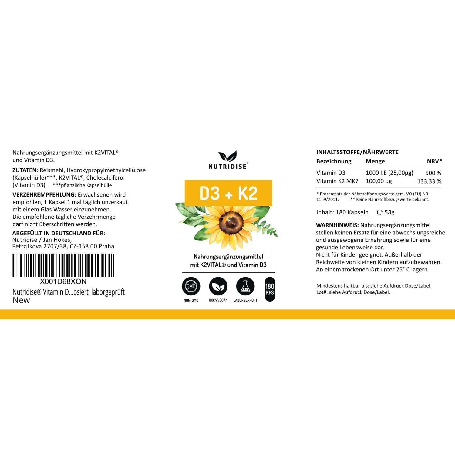 Vitamin D3 + K2 Kapseln – 1000 IE D3 + 100 µg K2VITAL MK7 99,99% Trans-Form – optimales D3 / K2 Verhältnis - hochdosiert, laborgeprüft - 180 Kapseln (Packung mit 2)