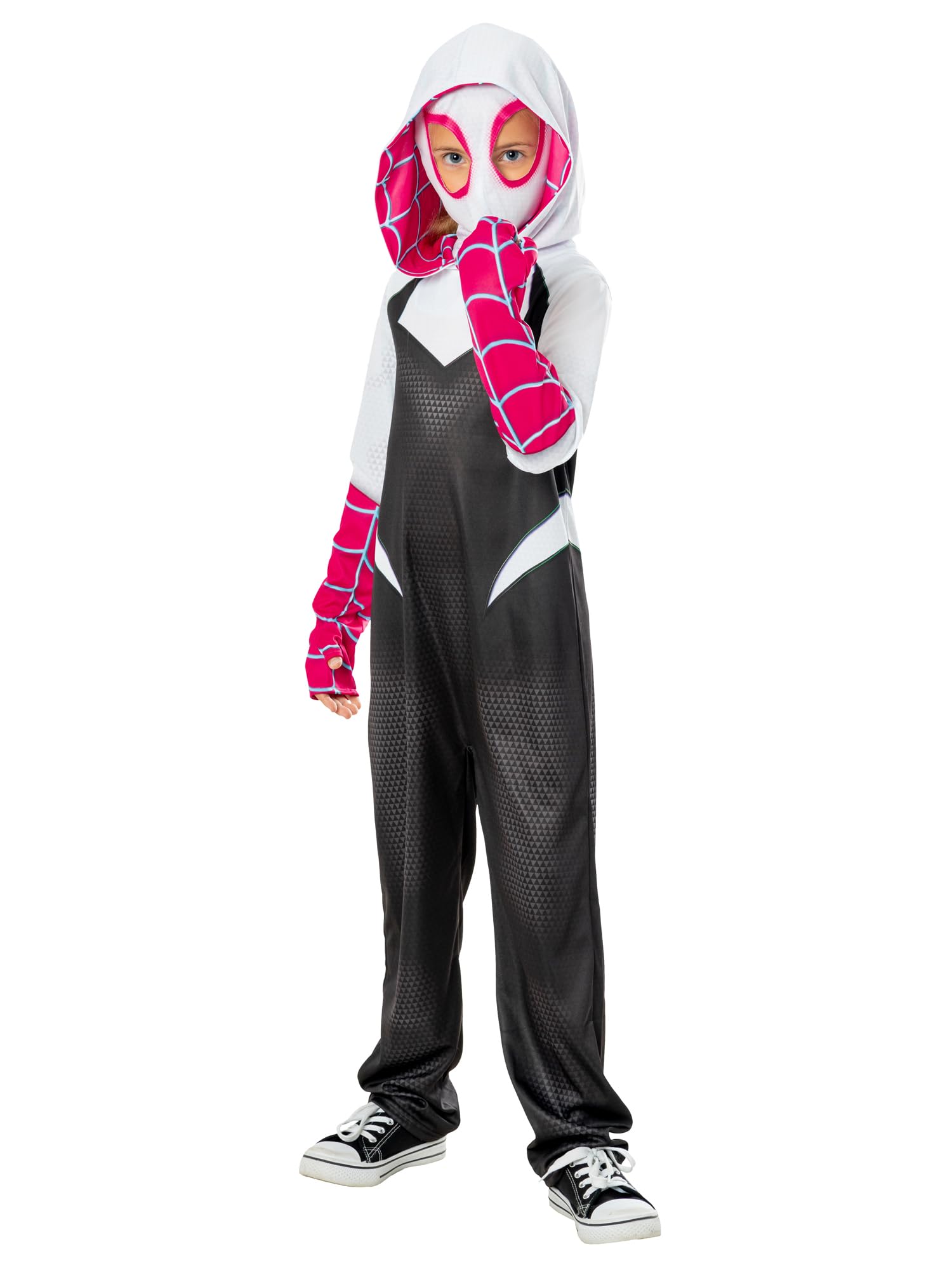 Rubies Disfraz Spider Gwen Spiderverse Clássic para niña, Jumpsuit impreso con capucha adjunta y máscara, Oficial Marvel para Halloween, Carnaval, Navidad y cumpleaños
